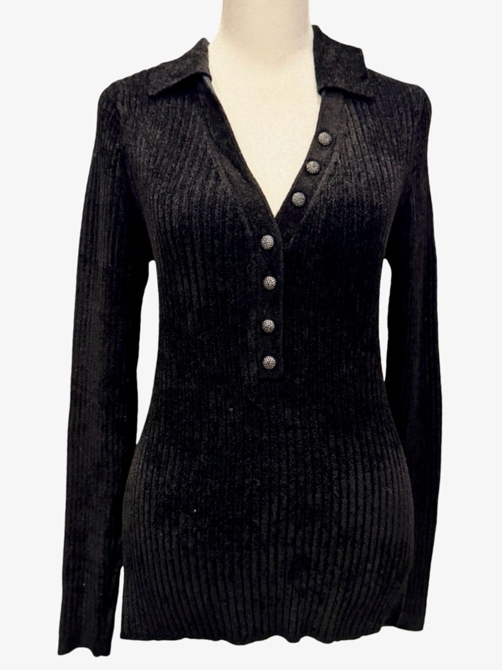 LIKE NEW WHBM Black Ribbed Collared V-Neck Velvet Sweater (medium)